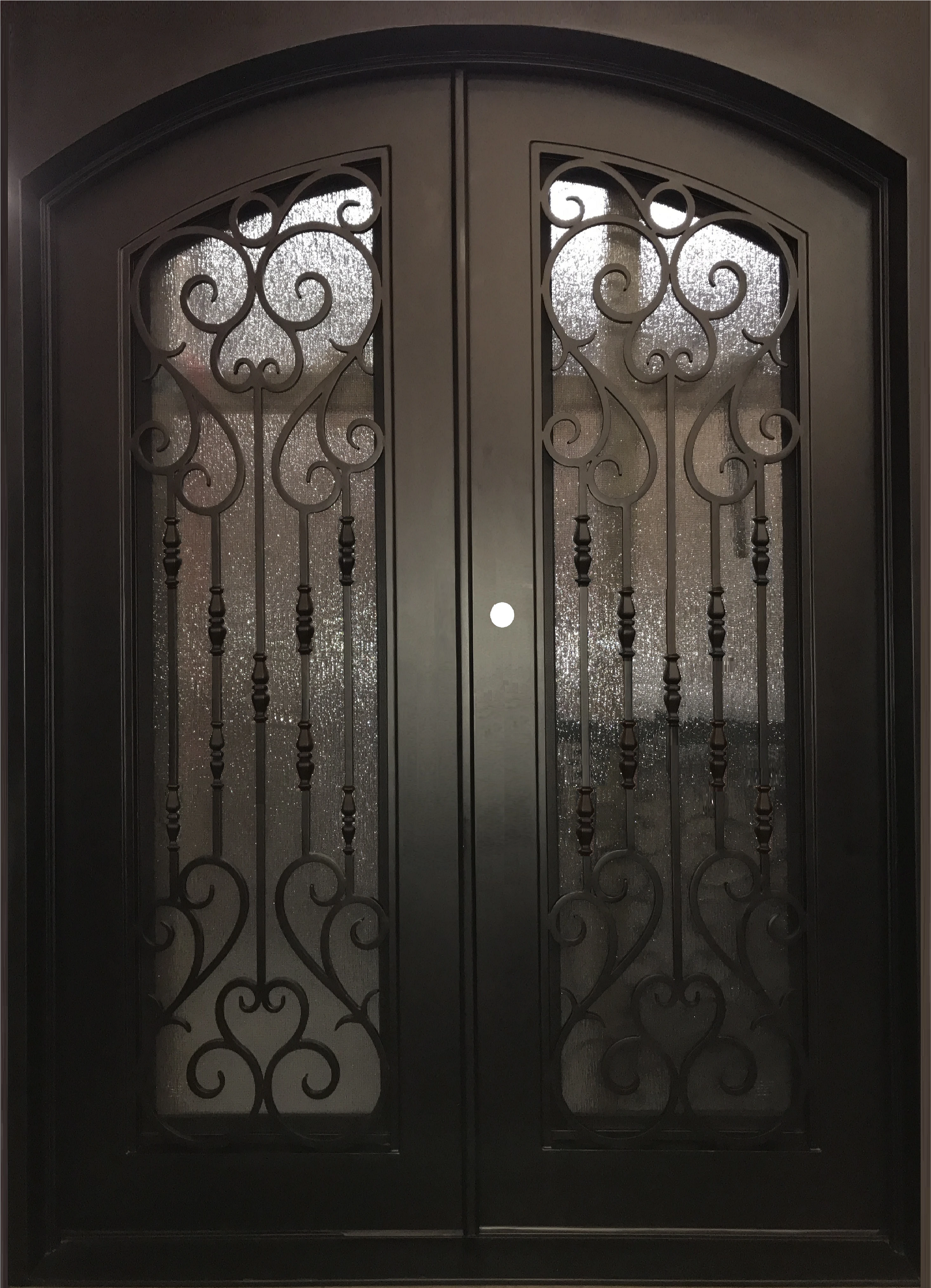 HEART- flat top, arch inside, double tempered glass, bug screen, front entry wrought  iron doors-72X96 Right Hand