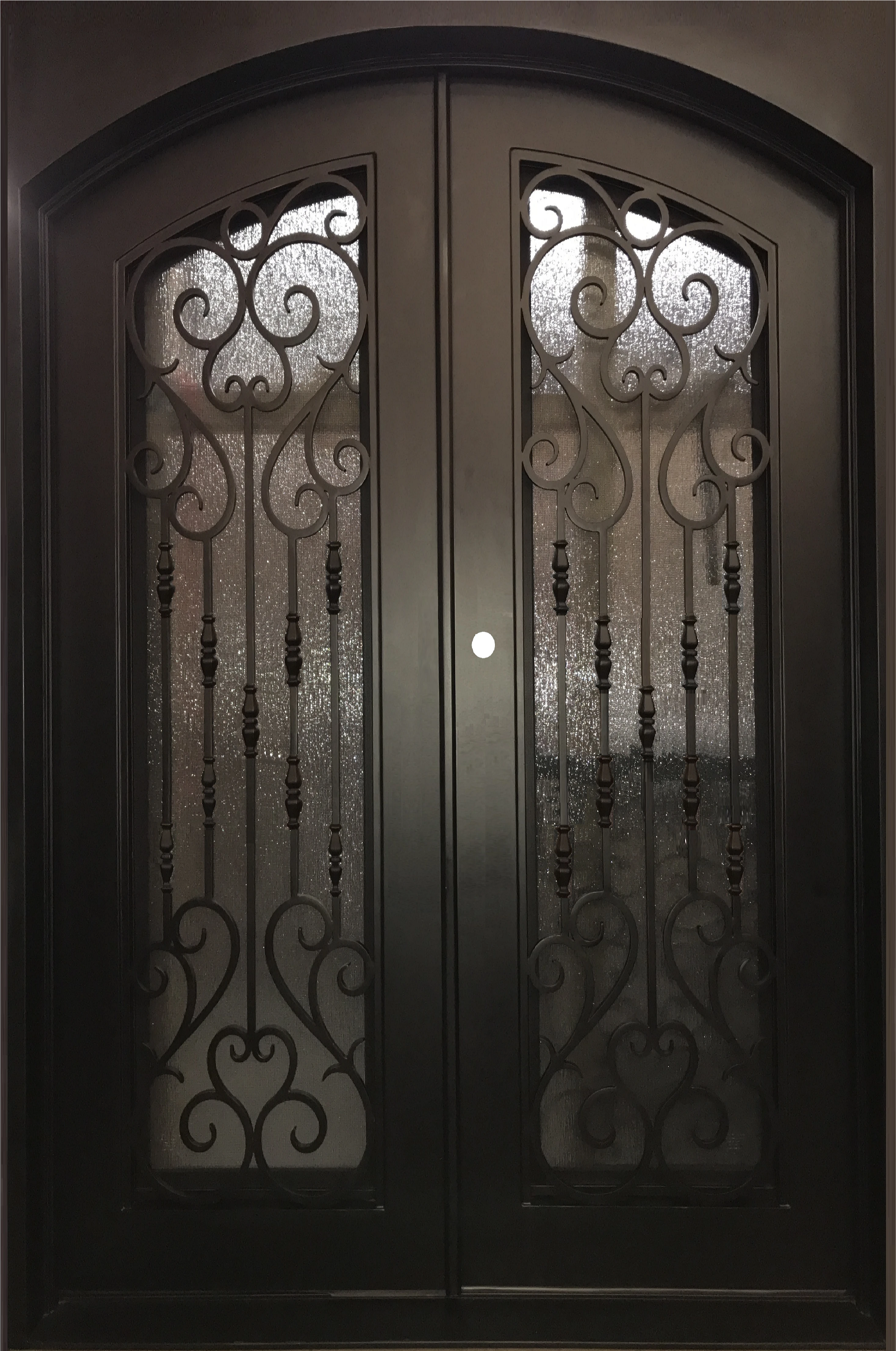 HEART- flat top, arch inside, dual pane tempered glass, bug screens,  front entry wrought  iron doors-62X96 Right Hand