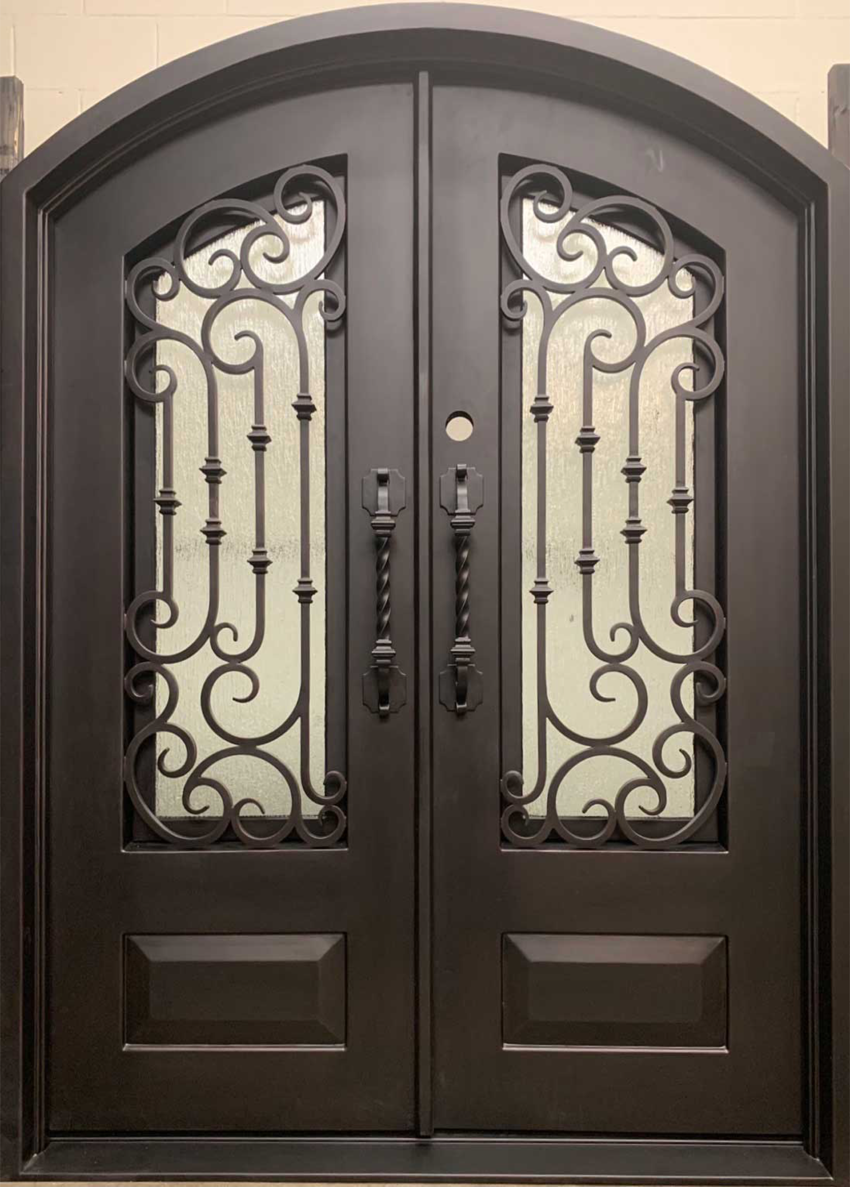 DAHLIA- arch top with bottom panel, tempered insulated glass, bug screens, wrought iron doors-72X96 Right Hand
