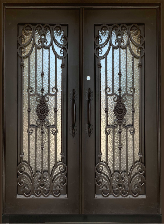 MIMOSA- flat top, pre-hung, doubled tempered glass, bug screens, wrought iron door- 72x96 Right Hand - Luxe Iron Doors 