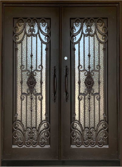 MIMOSA- flat top, pre-hung, doubled tempered glass, bug screens, wrought iron door- 72x96 Right Hand - Luxe Iron Doors 