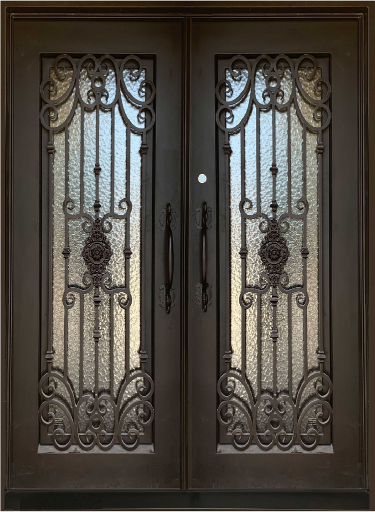 MIMOSA- flat top, pre-hung, doubled tempered glass, bug screens, wrought iron door- 72x96 Right Hand - Luxe Iron Doors 