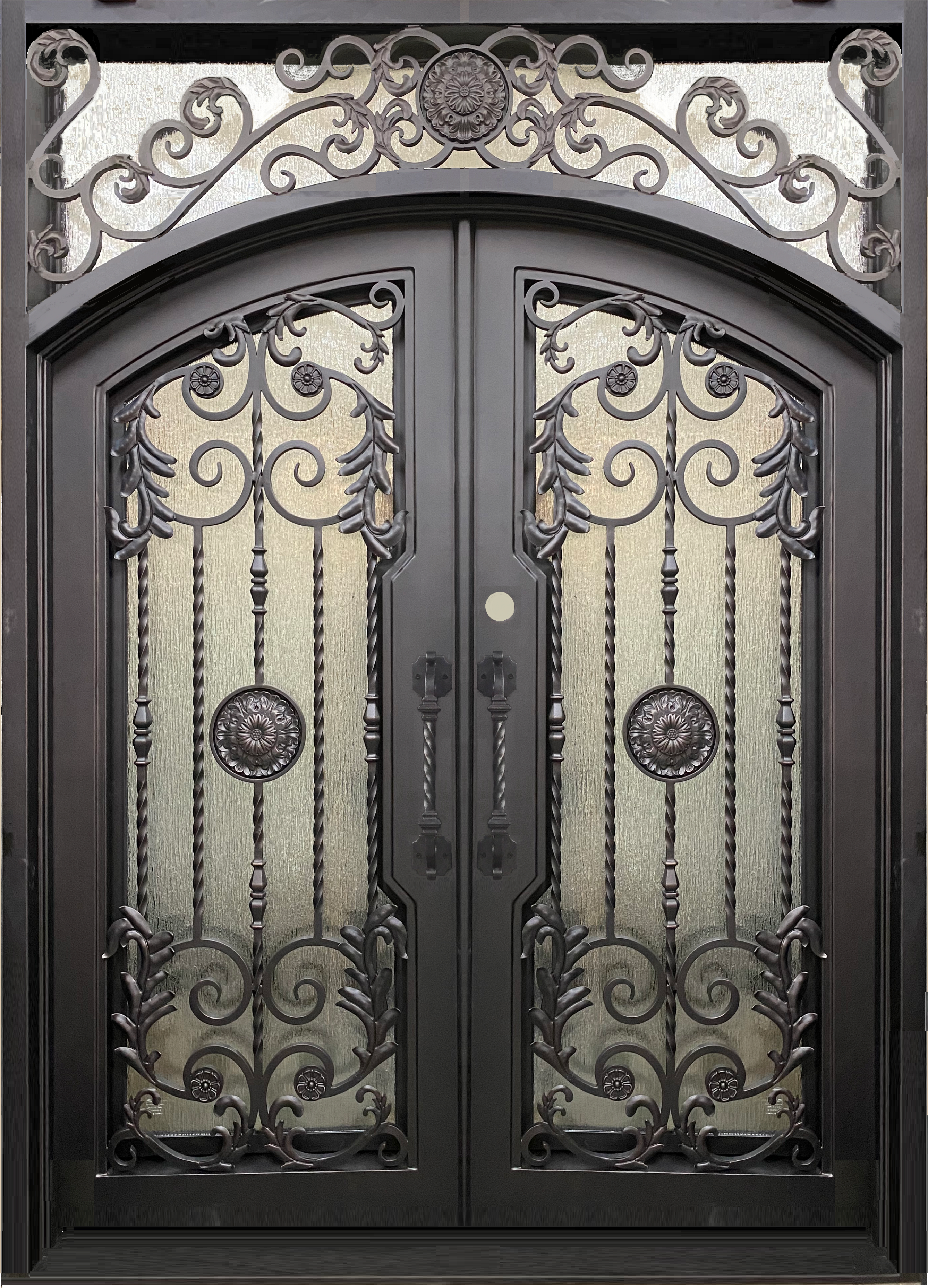 BELLADONNA- square top , inside arch, transom, bug screens, wrought iron doors- 72x96 Right Hand