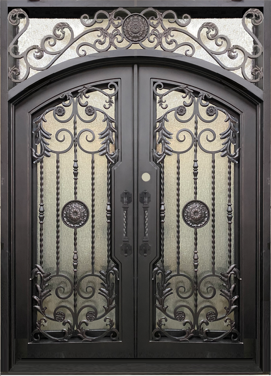 BELLADONNA- square top , inside arch, transom, bug screens, wrought iron doors- 72x96 Right Hand - Luxe Iron Doors 