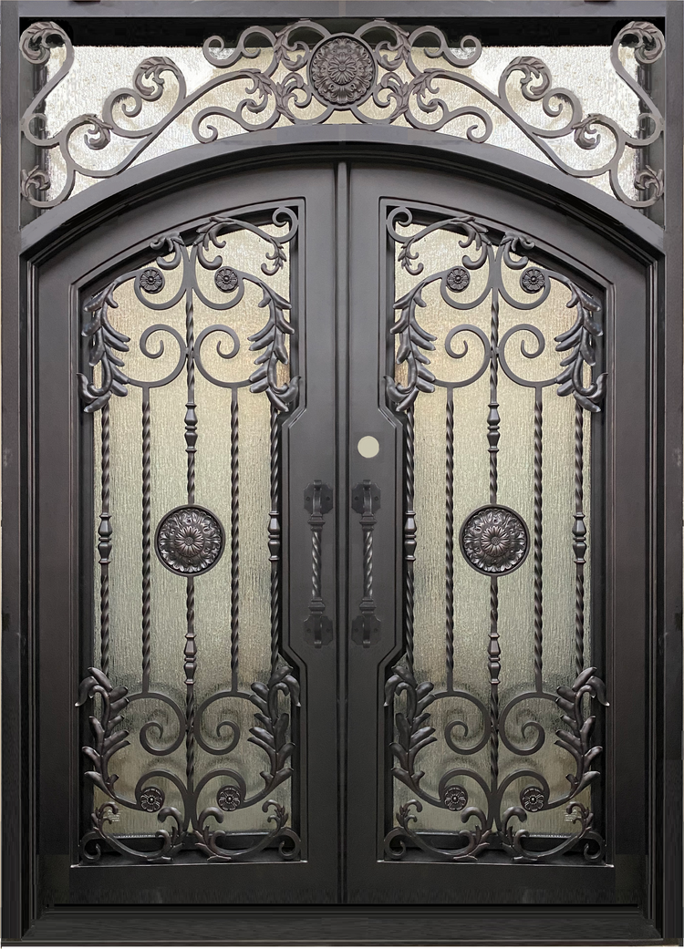 BELLADONNA- square top , inside arch, transom, bug screens, wrought iron doors- 72x96 Right Hand - Luxe Iron Doors 