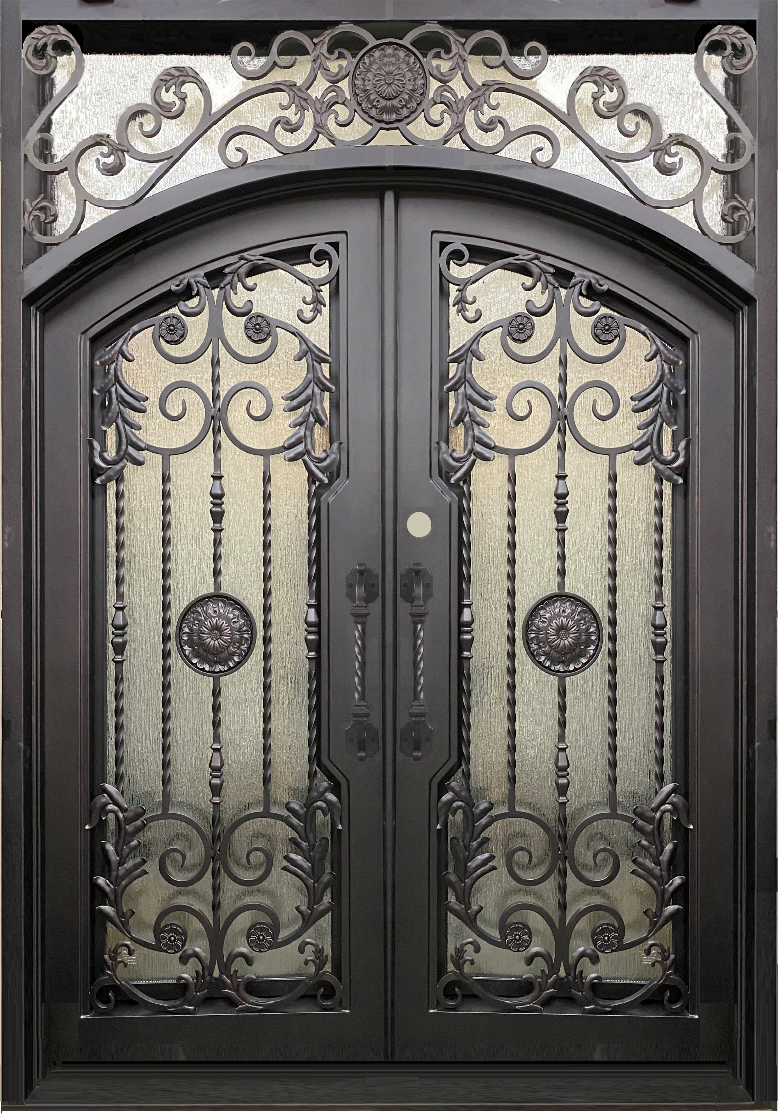 BELLADONNA- square top , inside arch, transom, bug screens, wrought iron doors- 72x96 Right Hand - Luxe Iron Doors 