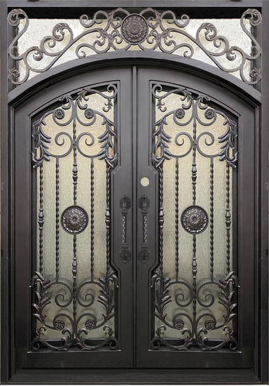 BELLADONNA- square top , inside arch, transom, bug screens, wrought iron doors- 72x96 Right Hand - Luxe Iron Doors 