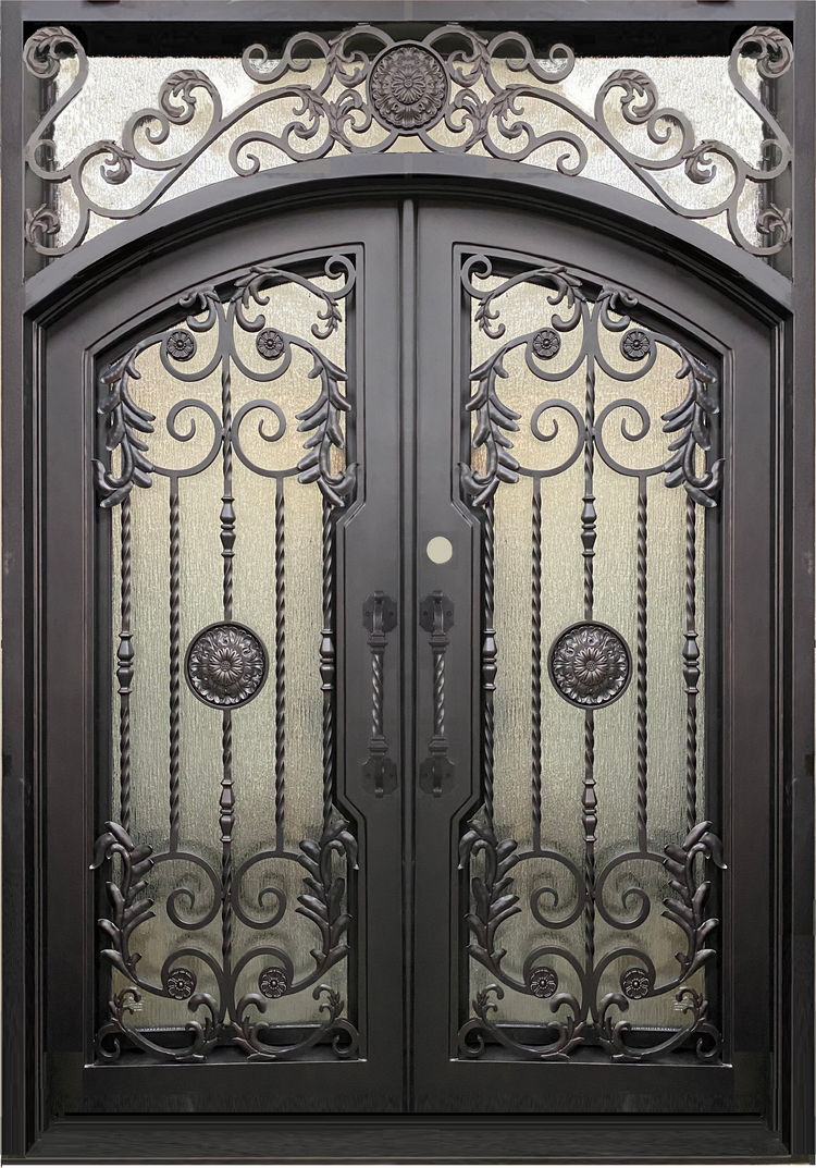 BELLADONNA- square top , inside arch, transom, bug screens, wrought iron doors- 72x96 Right Hand - Luxe Iron Doors 