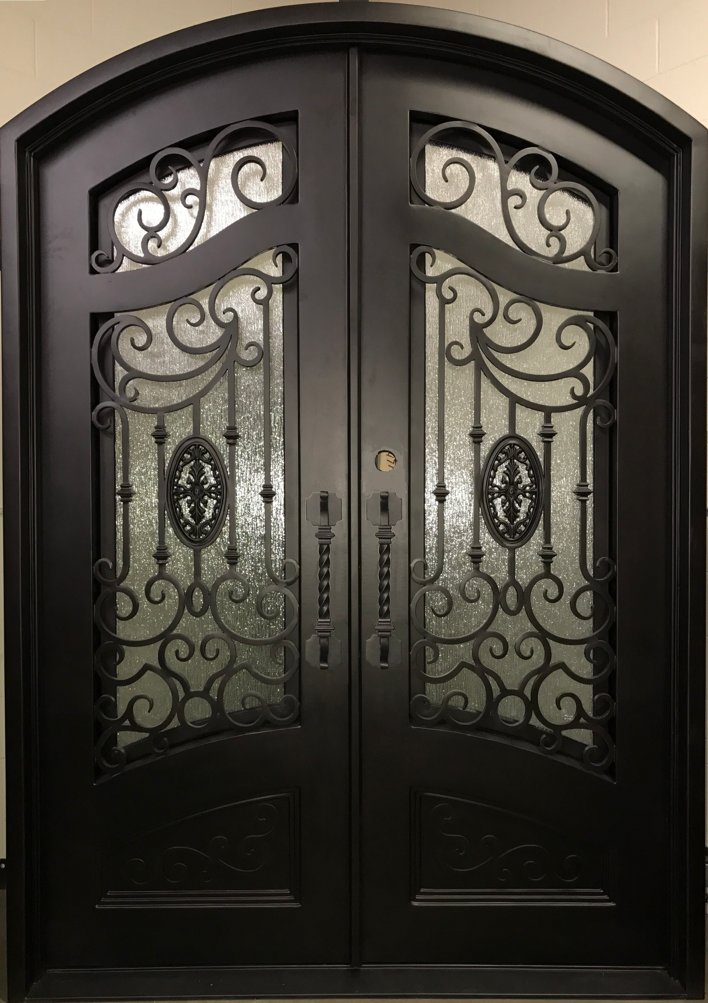 LILY- arch top, bottom panels, pre-hung,bug screens, wrought iron doors-62X96 Right Hand