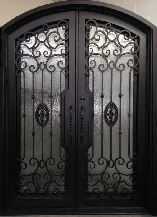 LOLA - arch top,  pre-hung, bug screens,front entry double wrought iron doors-72x96 Right Hand - Luxe Iron Doors 