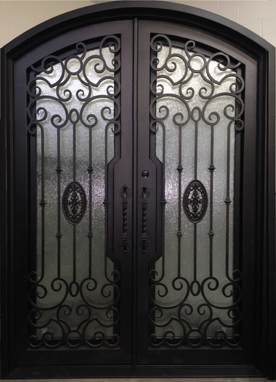 LOLA - arch top,  pre-hung, bug screens,front entry double wrought iron doors-72x96 Right Hand - Luxe Iron Doors 