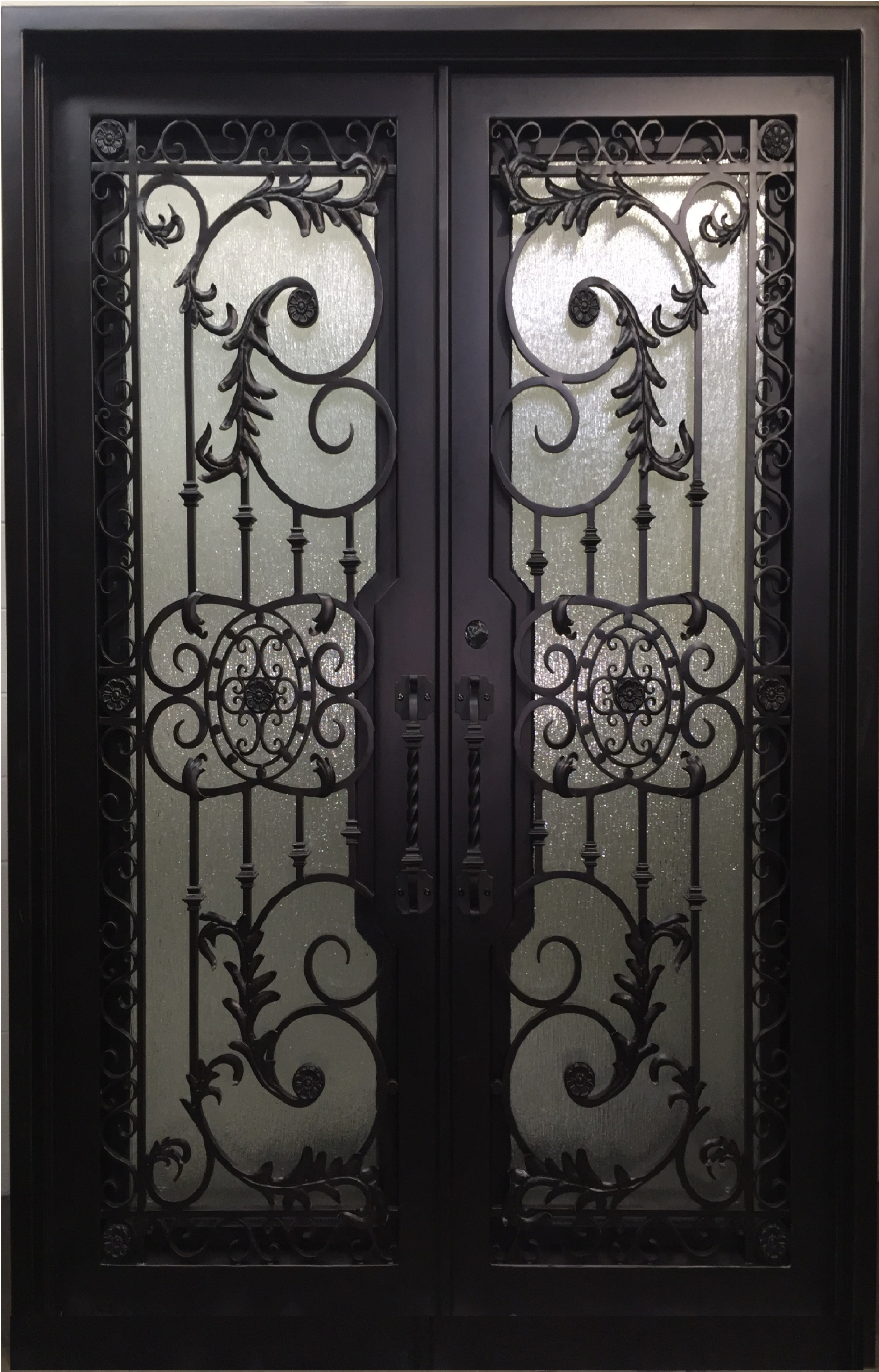 PEONY- square top, double tempered insulated glass, bug screens, wrought iron doors-62x96 Right Hand