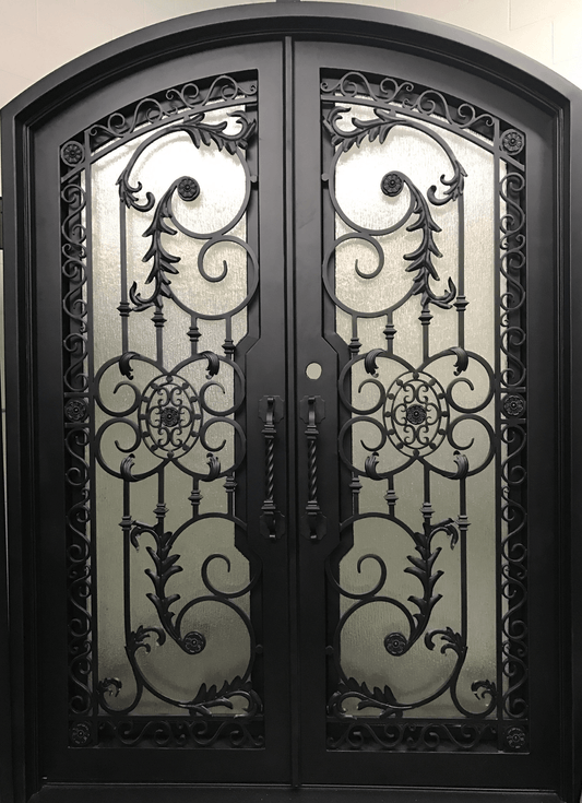 PEONY- arch top, dual pane, tempered insulated glass, bug screens, wrought iron doors-72x96 Right Hand - Luxe Iron Doors 
