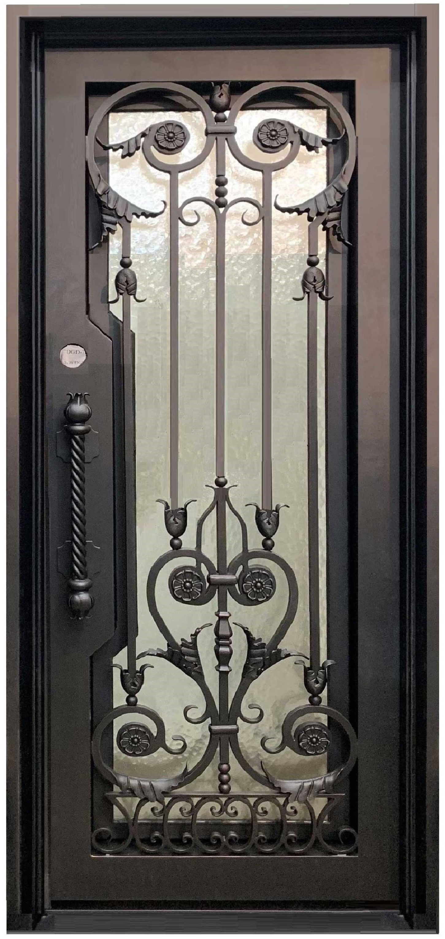 TULIP-  pre-hung square top, tempered glass, bug screens, single entry wrought iron door- 38x81 Right hand