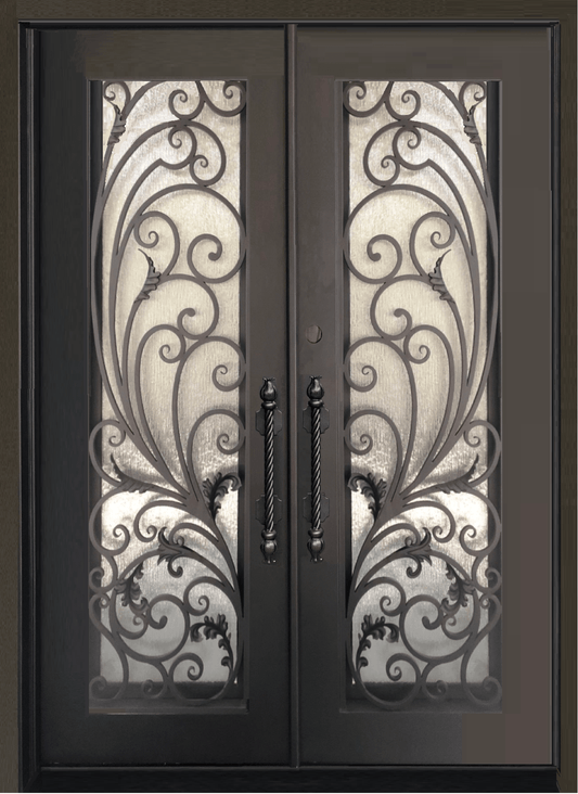 PEACOCK- Flat top , pre-hung, removable bug screens, wrought iron doors, 72x96- Right Hand - Luxe Iron Doors 