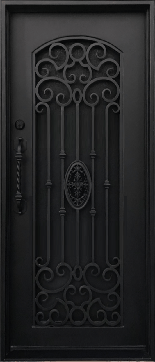 LOLA- square top, arch inside, bug screen,  traditional design single iron door- 38x96 Right Hand - Luxe Iron Doors 