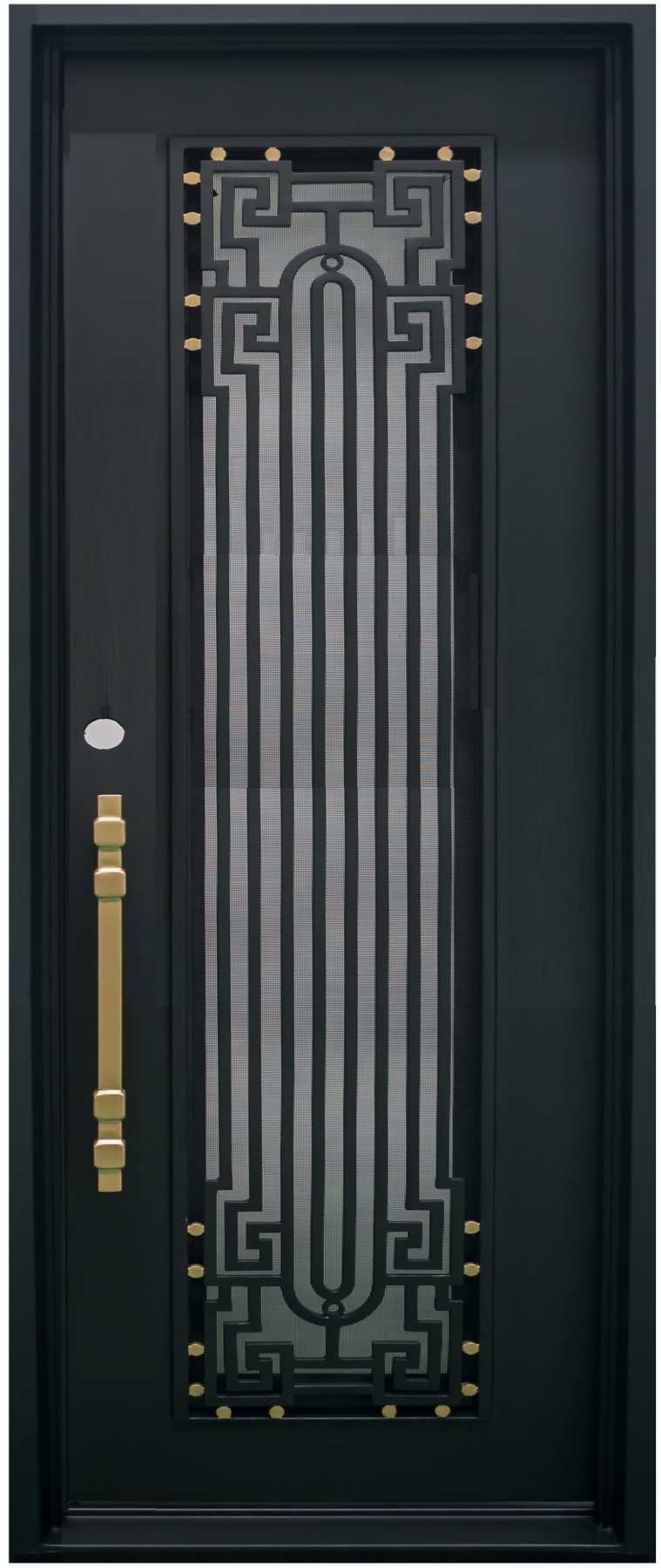 BEVERLY - Square top, frosted glass, wrought iron door, bug screens, 37x96 -Right Hand - Luxe Iron Doors 