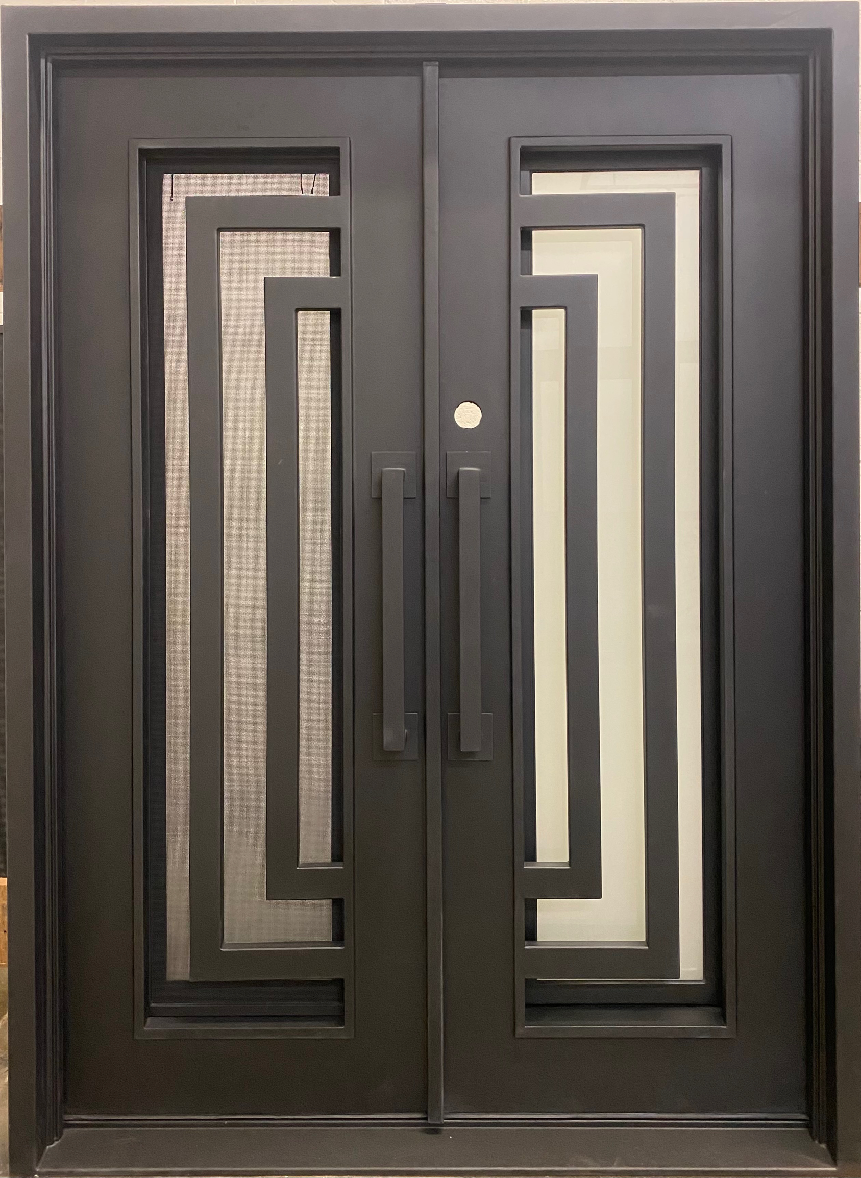 BLUEBELL- modern flat top front entry, tempered insulated glass, prehung, bug screens,wrought iron doors-72x96 Right Hand