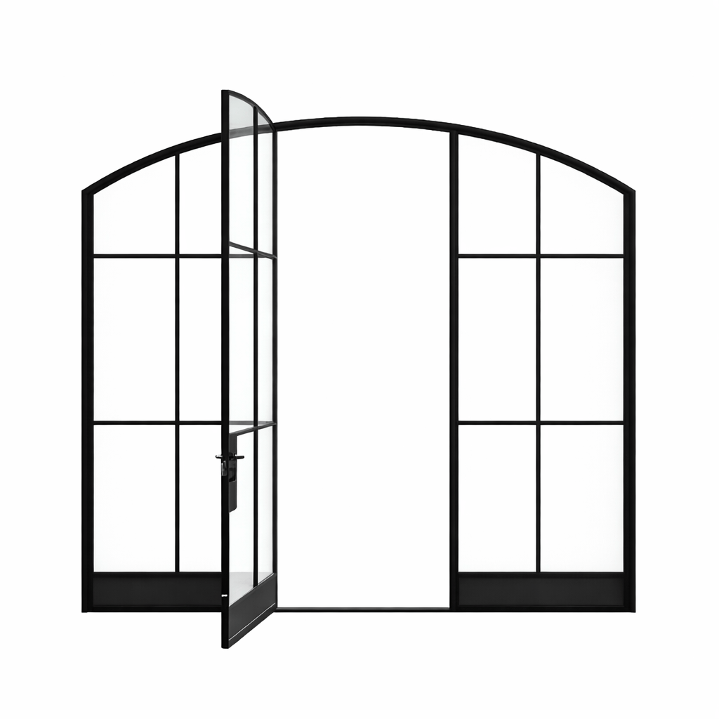 Black metal door with glass panels on a white background