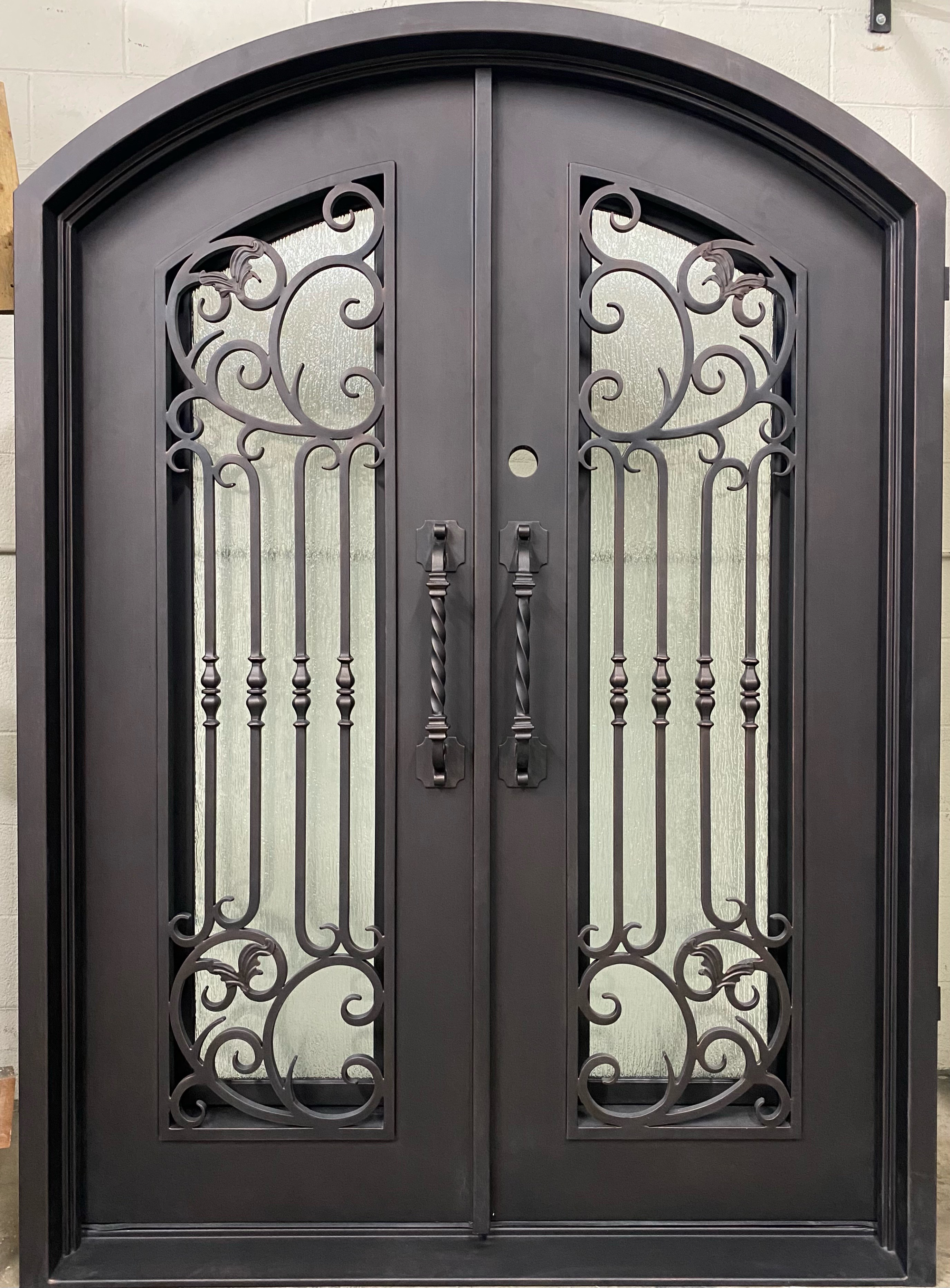 MAPLE- pre-hung arch top,double tempered glass,bug screen, wrought iron doors-61x81 Right Hand