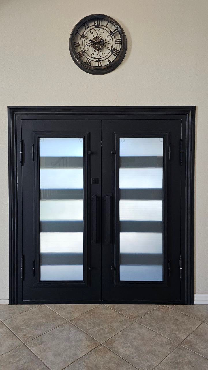 LOTUS- square top, modern french style, dual panel,bug screens, frosted tempered glass, wrought iron doors-61x81 Right Hand