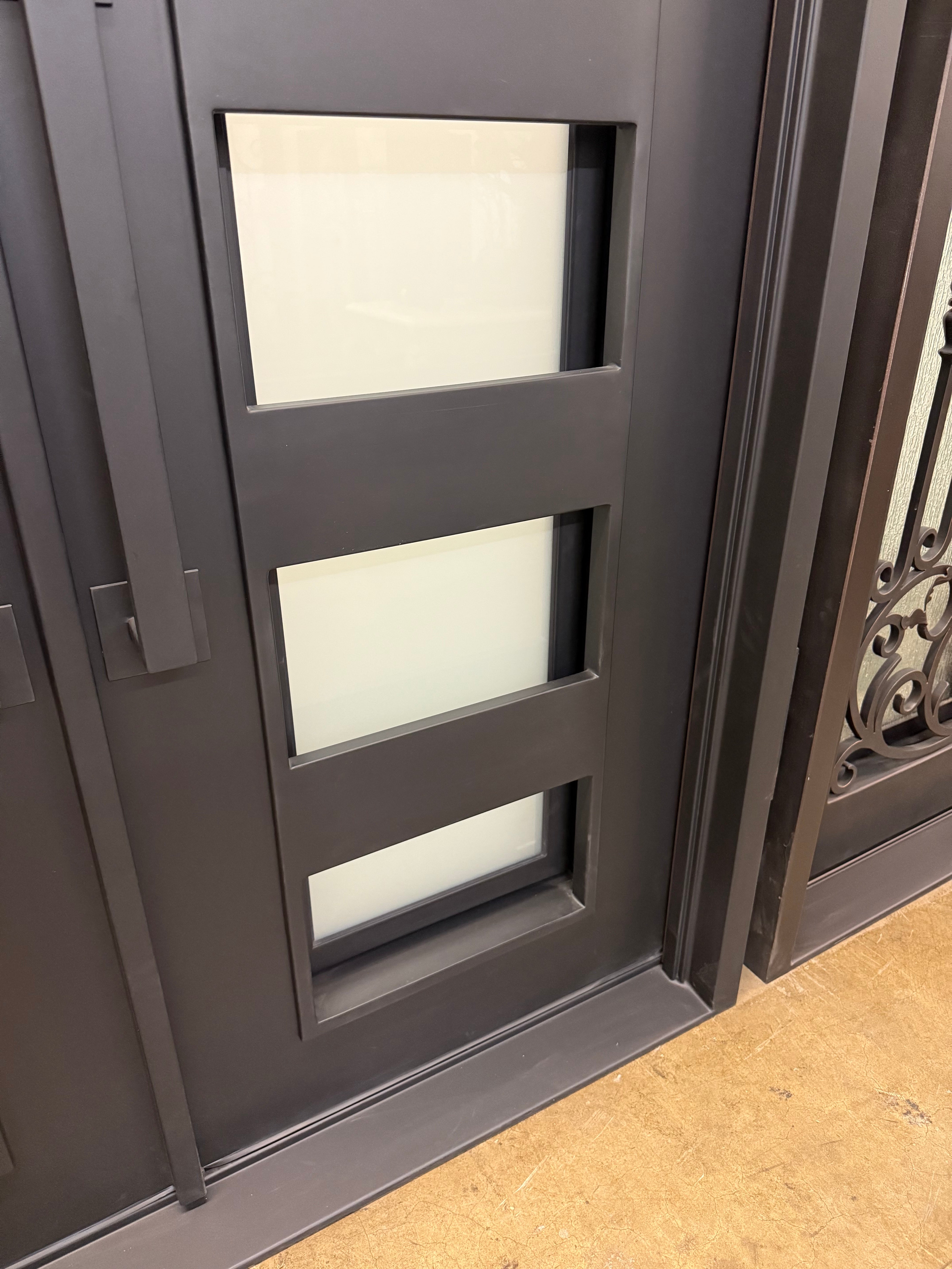 LOTUS- square top, modern french style, dual panel,bug screens, frosted tempered glass, wrought iron doors-61x81 Right Hand