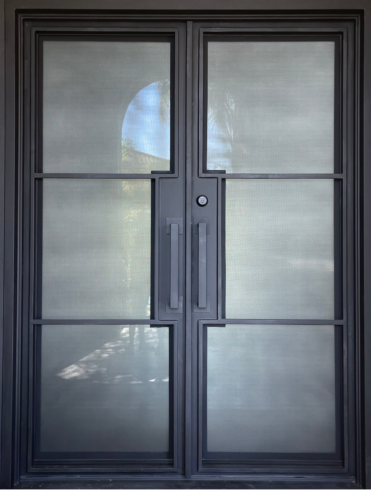 REN-square top, modern french style, frosted glass, wrought iron doors -72x96 Right Hand