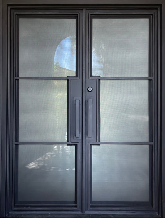 REN-square top, modern french style, frosted glass, wrought iron doors -72x96 Right Hand - Luxe Iron Doors 