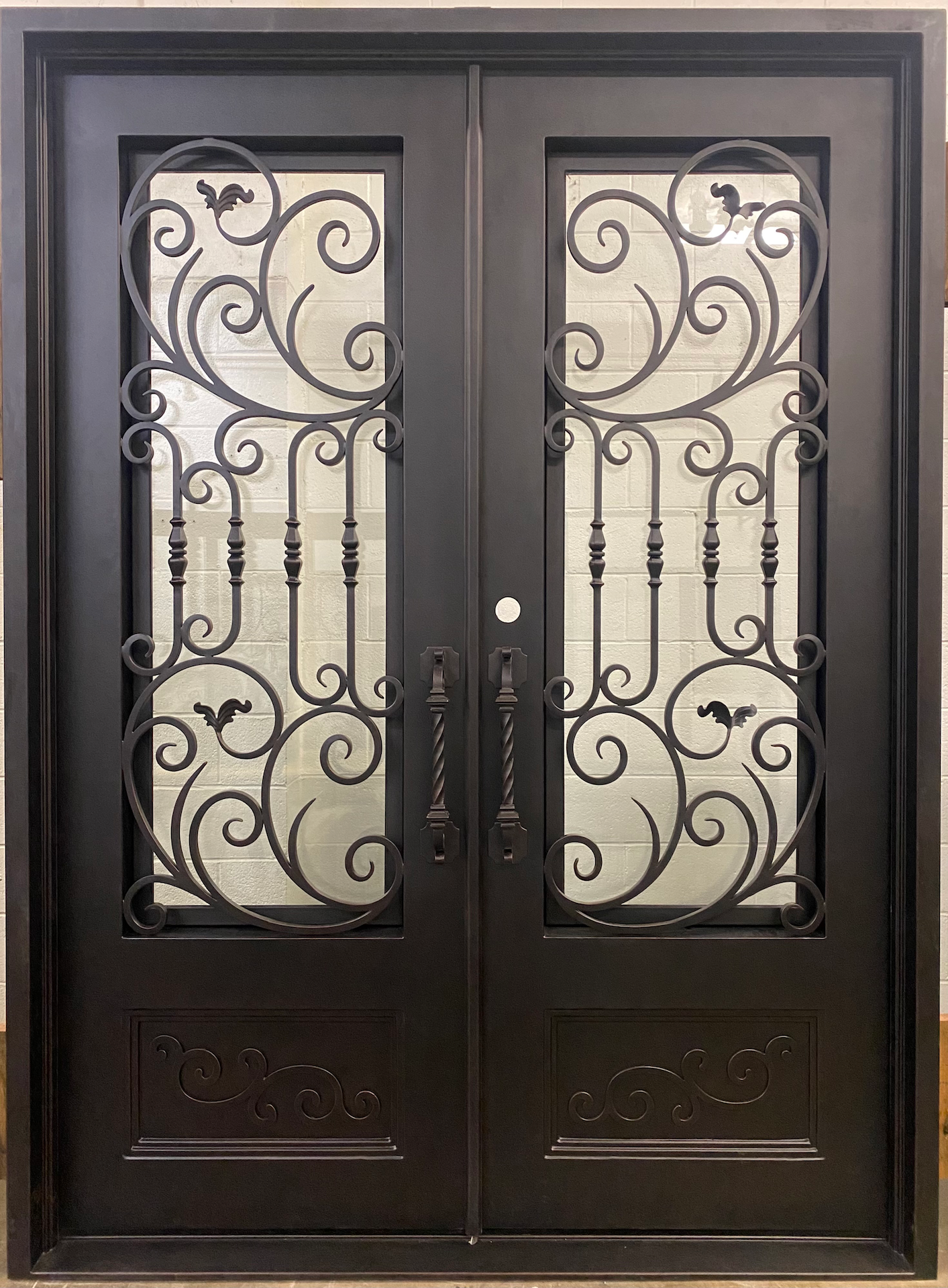 MAPLE- flat top, bottom panel, tempered insulated glass, wrought iron doors- 75" 3/4 x 99" Right Hand