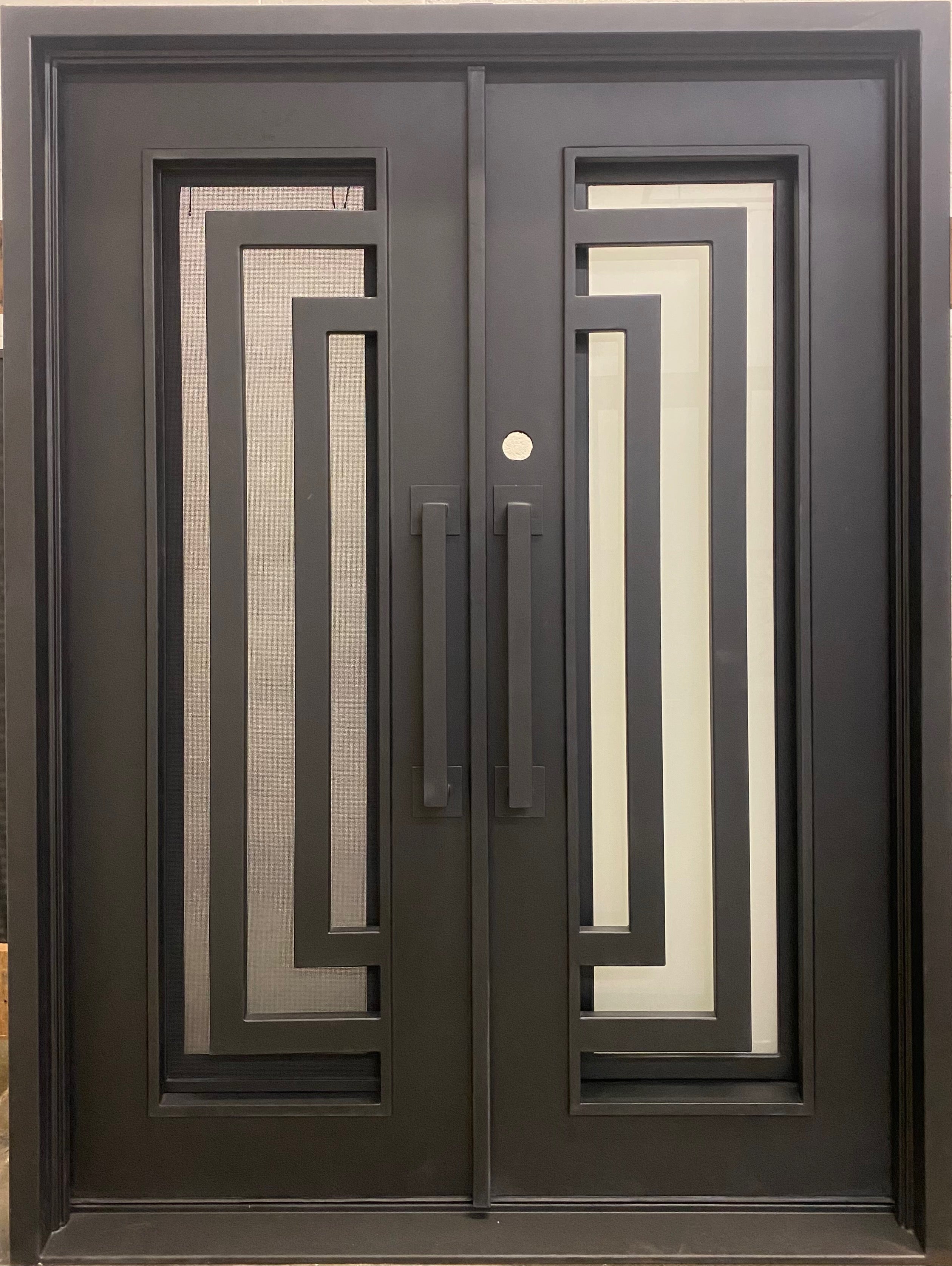 BLUEBELL- modern flat top front entry, tempered insulated glass, prehung, bug screens,wrought iron doors-72x96 Right Hand
