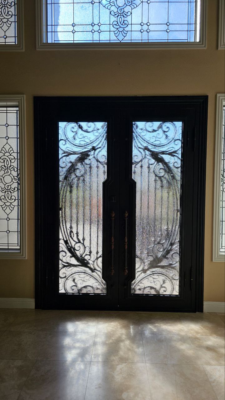 MARIGOLD - Exquisitely Designed Flat Top Iron Door, Tempered Glass, Two-Toned Color, 72x96 RH - Luxe Iron Doors 