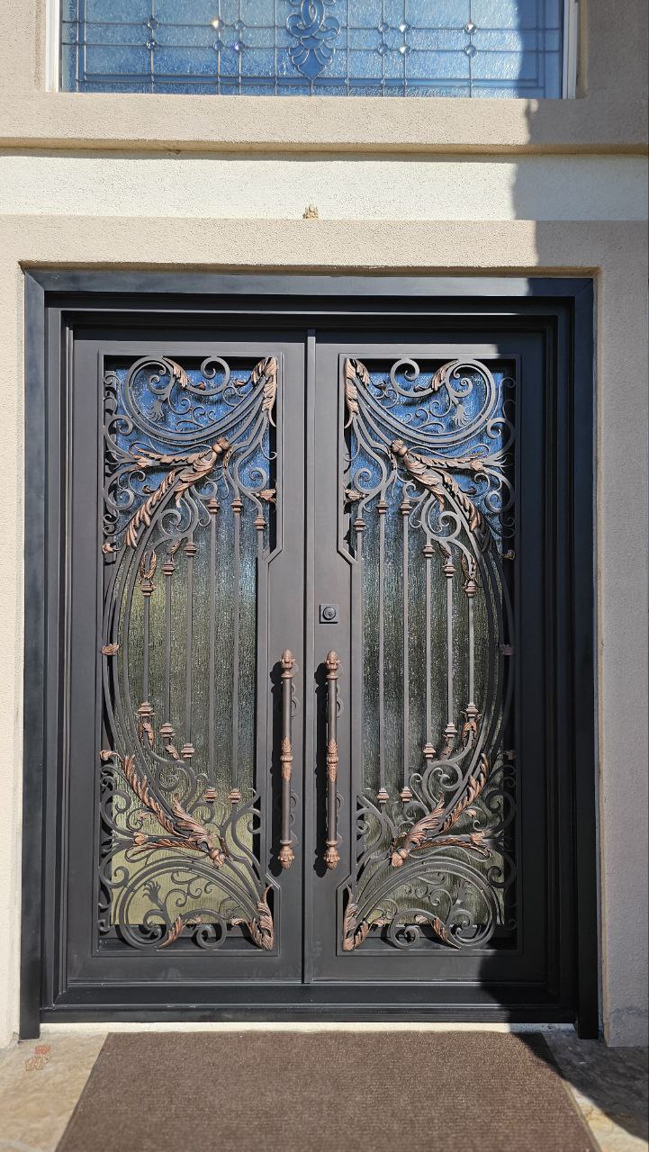 MARIGOLD - Exquisitely Designed Flat Top Iron Door, Tempered Glass, Two-Toned Color, 72x96 RH - Luxe Iron Doors 