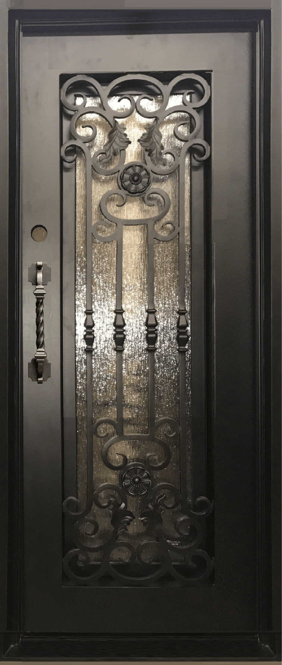 CAMELLIA -flat top, prehung, front entry single wrought iron door- 38x96 Right Hand - Luxe Iron Doors 