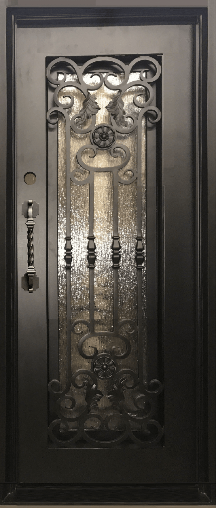CAMELLIA -flat top, prehung, front entry single wrought iron door- 38x96 Right Hand - Luxe Iron Doors 
