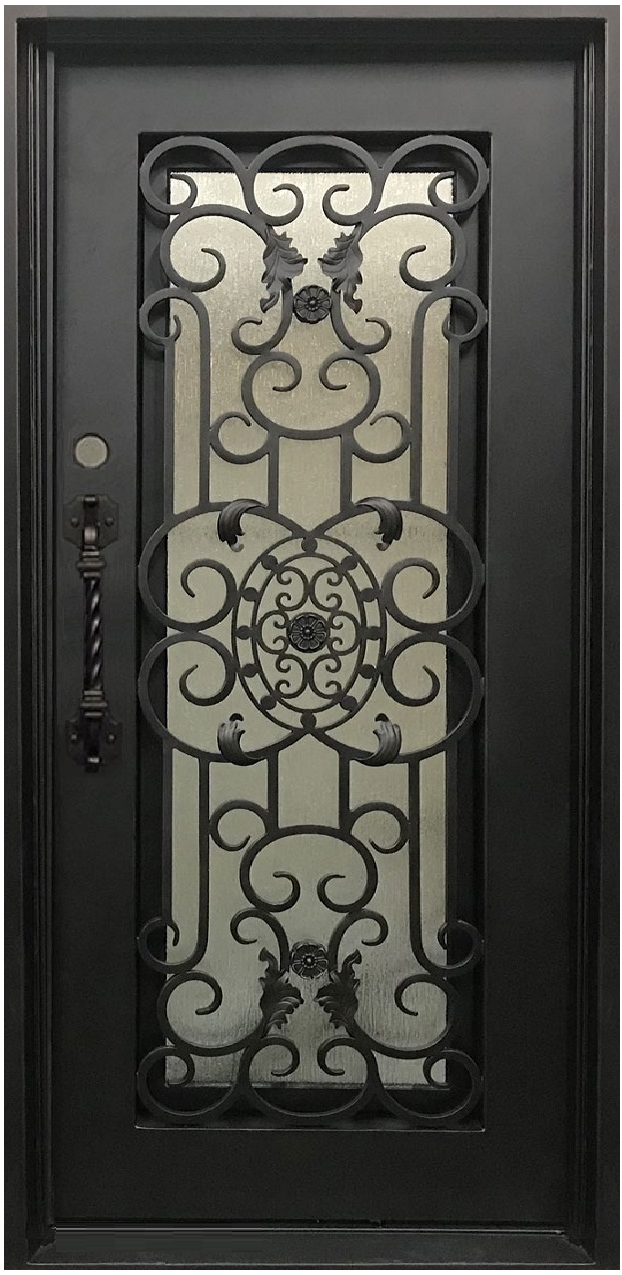 JASMINE- flat top, bug screen, front entry single wrought iron door - 37X81 Right Hand - Luxe Iron Doors 