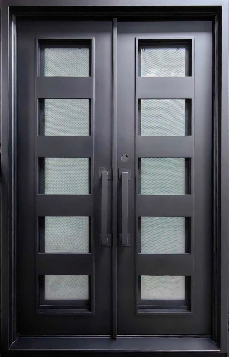 LOTUS- square top, modern iron door, dual panel,bug screens, frosted tempered glass, wrought iron doors-62x96 Right Hand