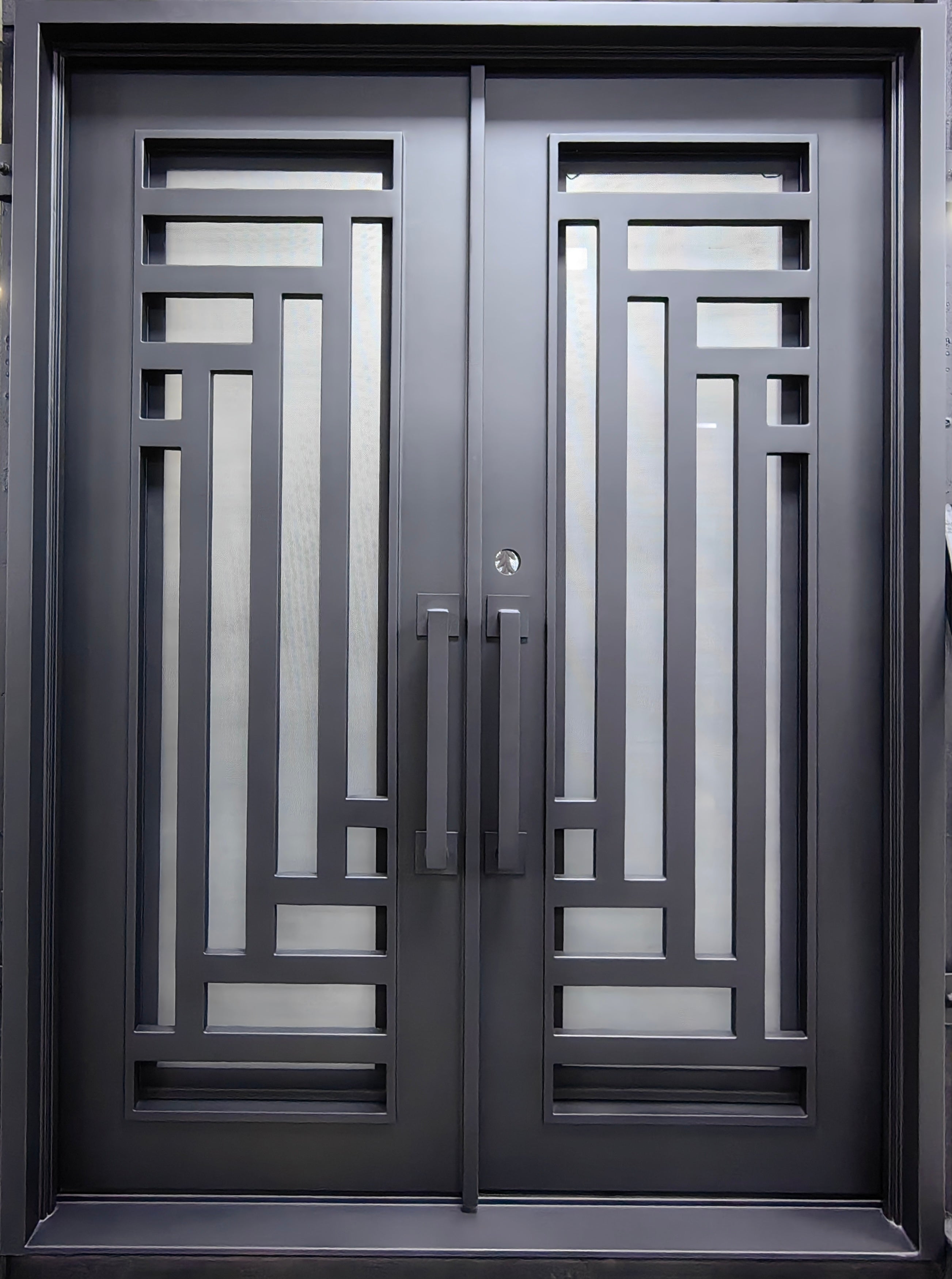 IRIS- Flat top, modern front exterior double wrought iron doors, bug screens-72X96, Right Hand - Luxe Iron Doors 
