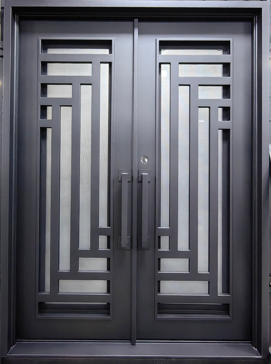 IRIS- Flat top, modern front exterior double wrought iron doors, bug screens-72X96, Right Hand - Luxe Iron Doors 