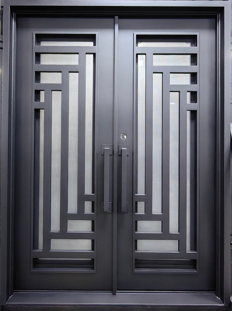 IRIS- Flat top, modern front exterior double wrought iron doors, bug screens-72X96, Right Hand - Luxe Iron Doors 