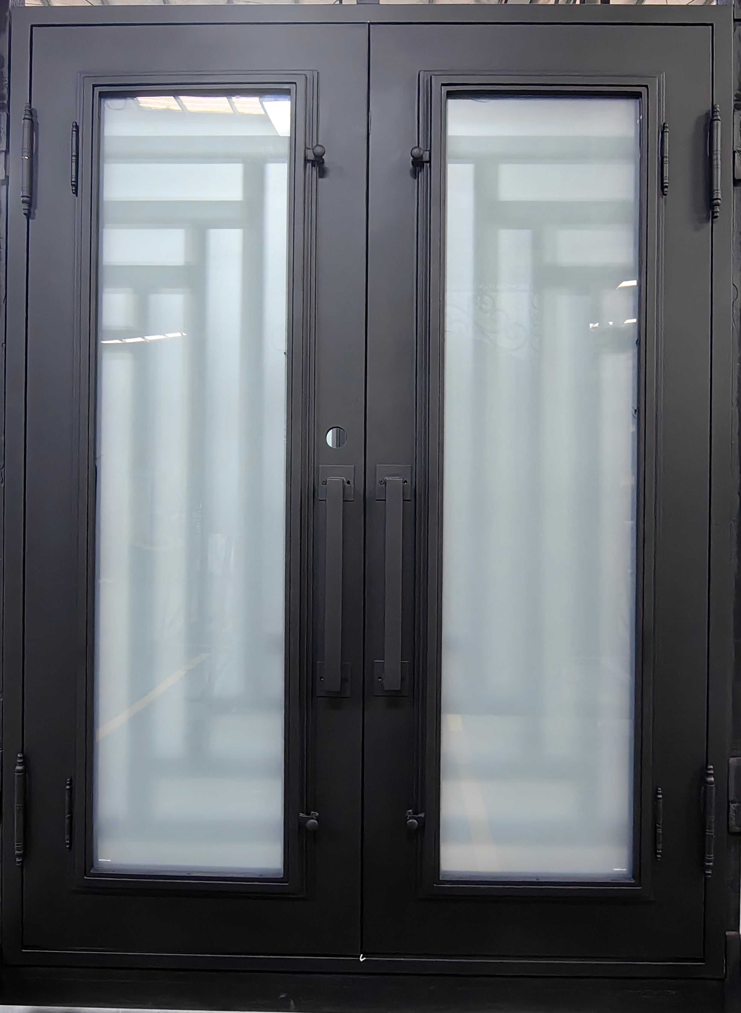 IRIS- Flat top, modern front exterior double wrought iron doors, bug screens-72X96, Right Hand - Luxe Iron Doors 