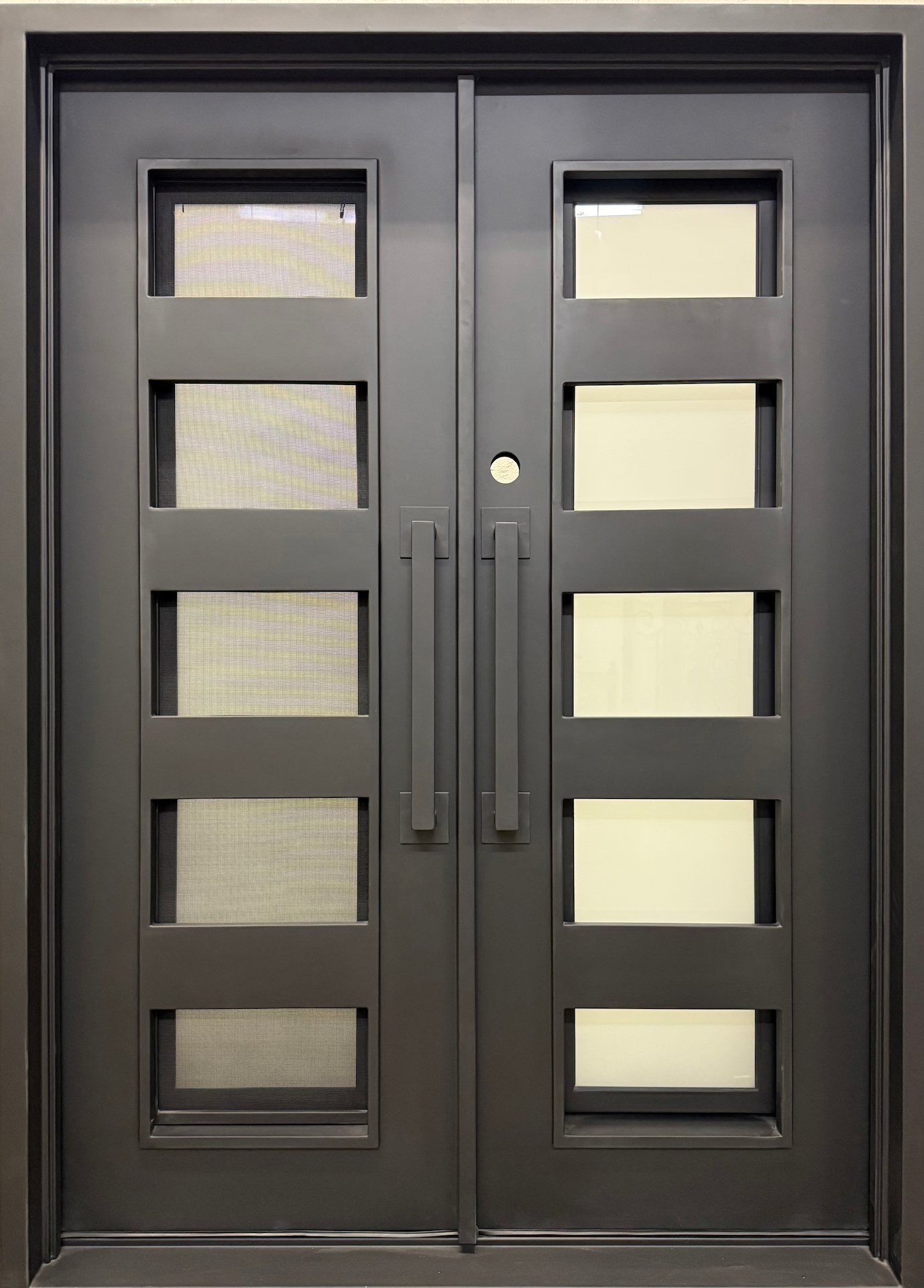 LOTUS- square top, modern french style, dual panel,bug screens, frosted tempered glass, wrought iron doors-61x81 Right Hand