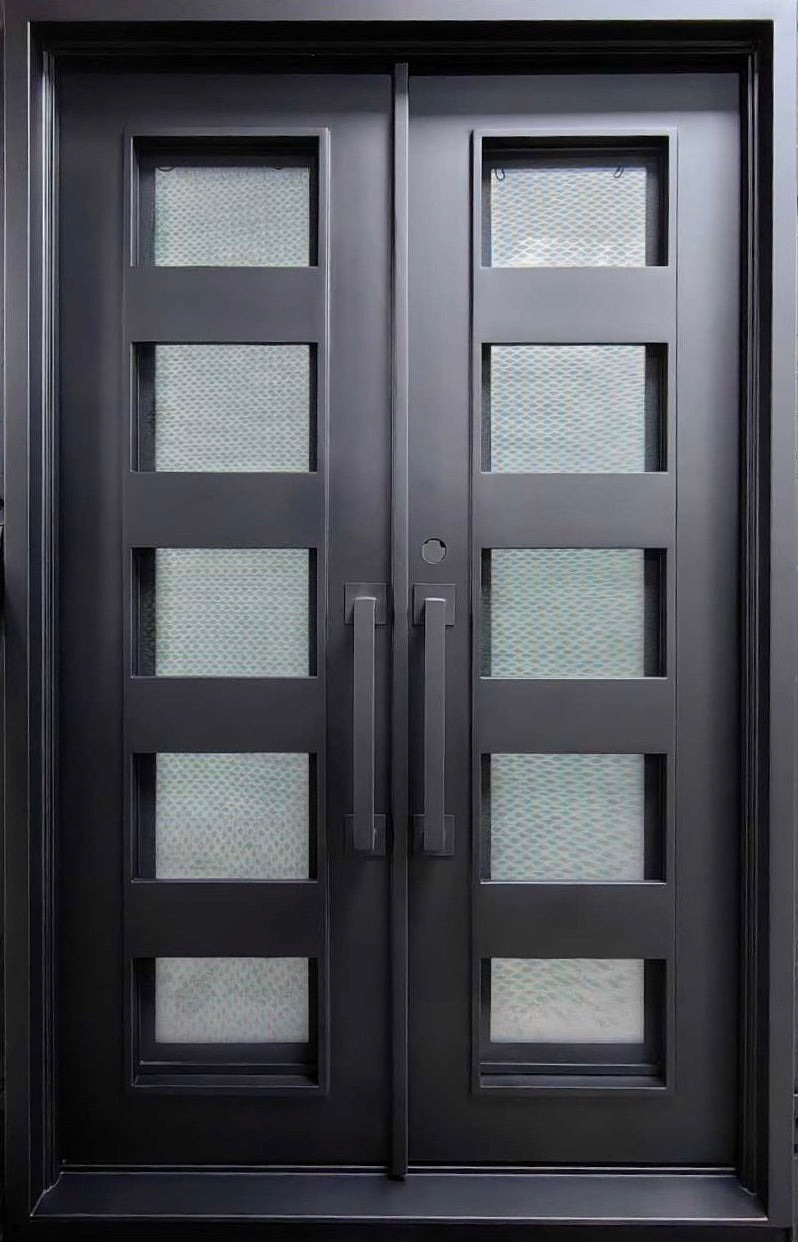 LOTUS- square top, modern iron door, dual panel,bug screens, frosted tempered glass, wrought iron doors-61x96 Right Hand - Luxe Iron Doors 