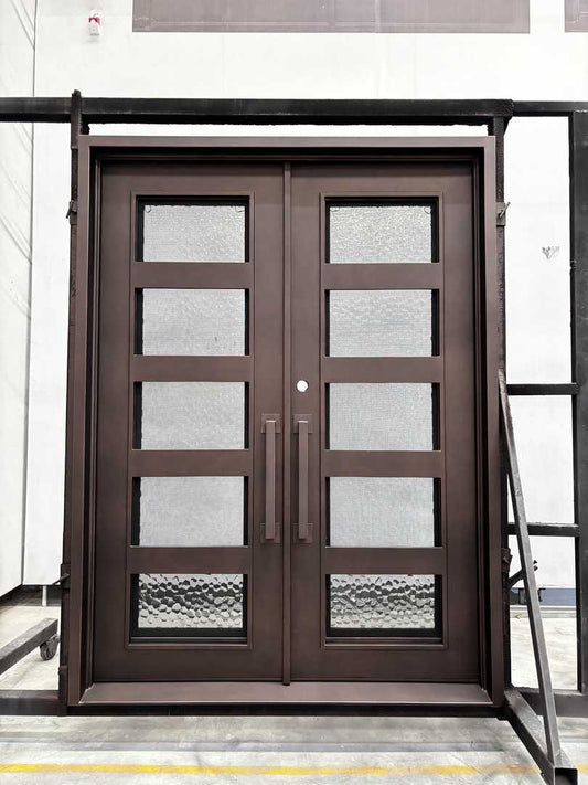 Brown double door with glass panels on a white background