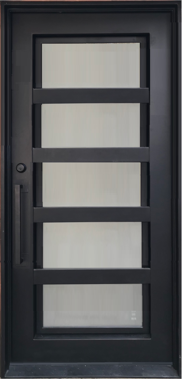 LOTUS-flat top, pre-hung, modern front entry single wrought iron door- 37x81 Right Hand - Luxe Iron Doors 