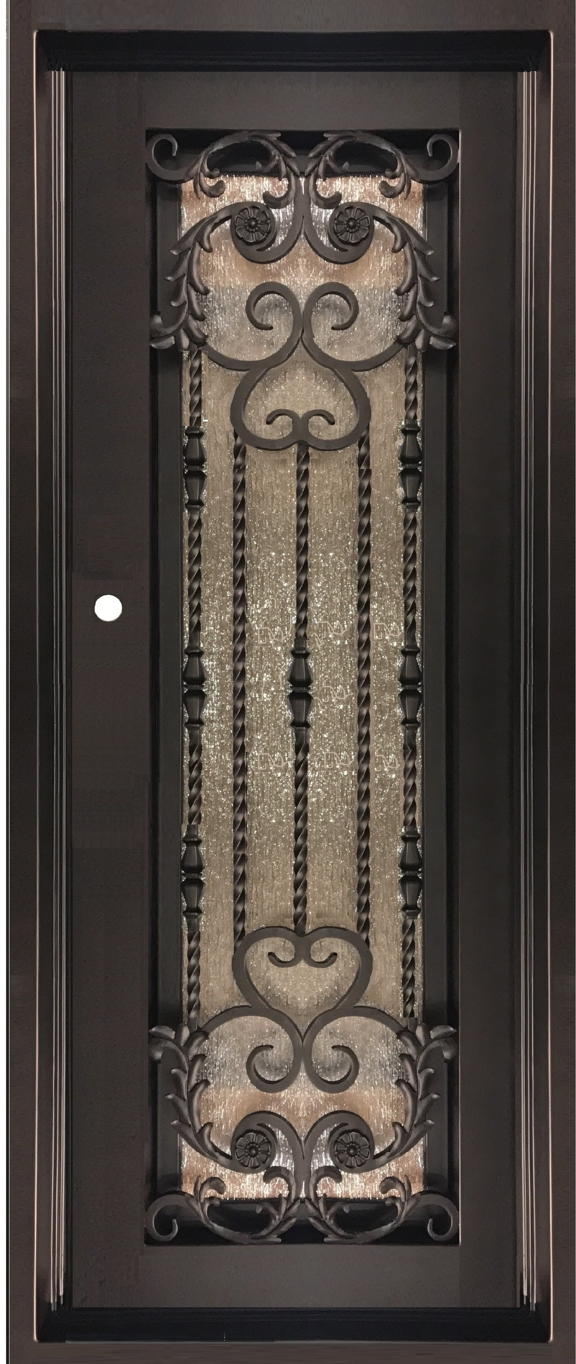 ORCHID -flat top, prehung, bug, screen, front entry single wrought iron door- 38x96 Right Hand