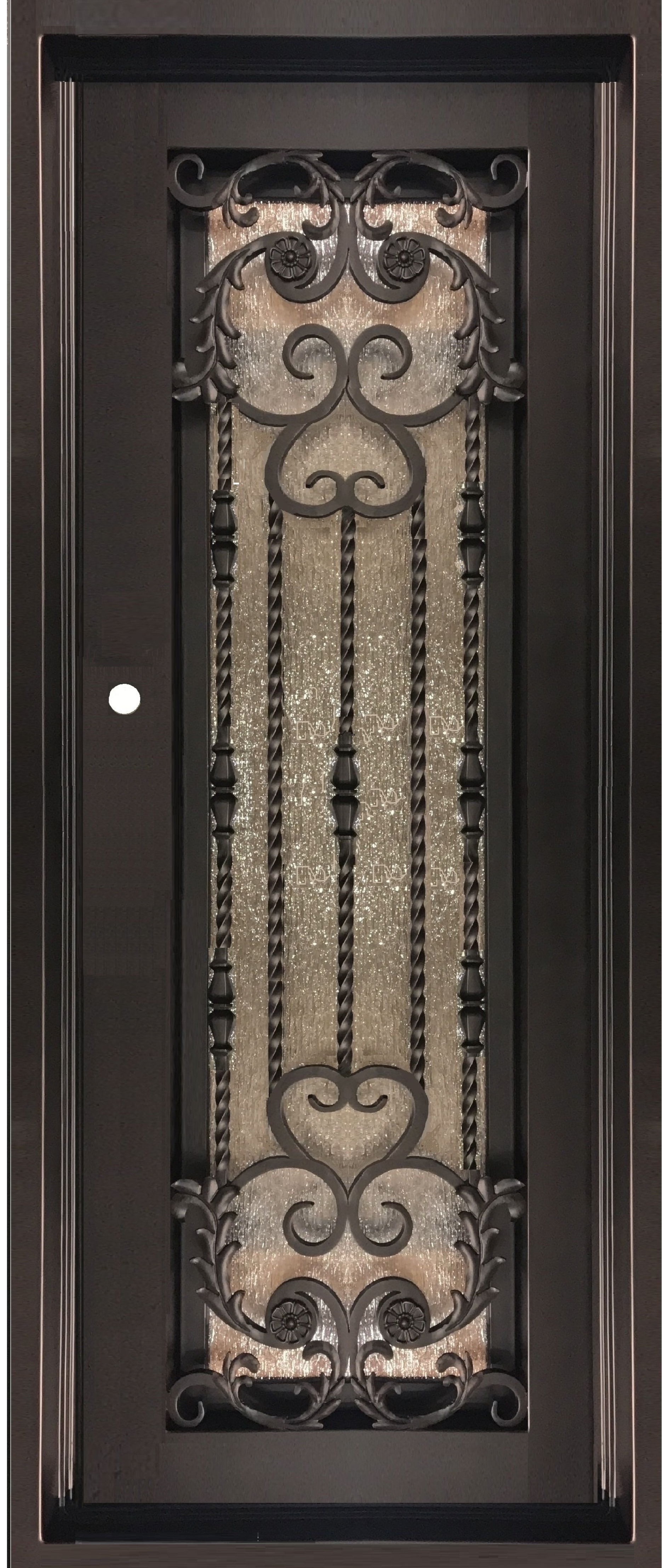 ORCHID -flat top, prehung, bug, screen, front entry single wrought iron door- 37x96 Right Hand - Luxe Iron Doors 