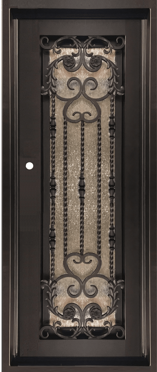 ORCHID -flat top, prehung, bug, screen, front entry single wrought iron door- 37x96 Right Hand - Luxe Iron Doors 