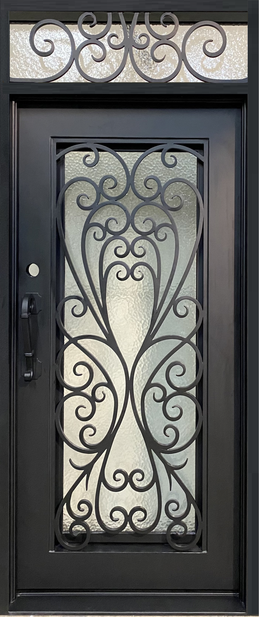 AZALEA - Single Door with transom, pre-hung, bug screen, wrought iron door, 38 x 96.5 -Right Hand - Luxe Iron Doors 