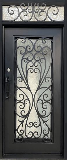 AZALEA - Single Door with transom, pre-hung, bug screen, wrought iron door, 38 x 96.5 -Right Hand - Luxe Iron Doors 