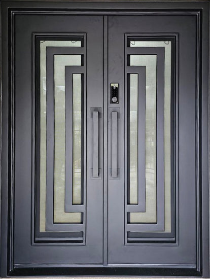 BLUEBELL- modern flat top front entry, tempered insulated glass, prehung, bug screens,wrought iron doors-72x96 Right Hand - Luxe Iron Doors 